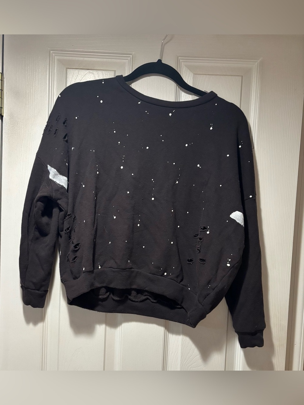 Chloe & Katie Black Distressed Crewneck with White Paint Accents